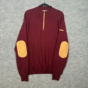 Peter Millar Sweater Mens Large Burgundy Merino Wool 1/4 Zip Elbow Patches